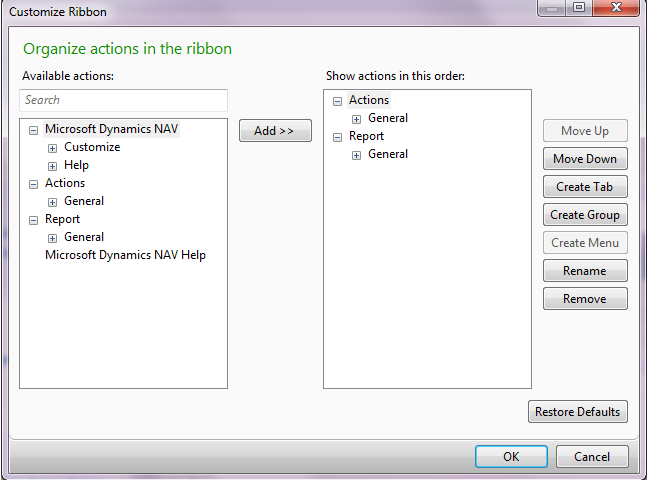 Customize ribbon dialog for selecting actions